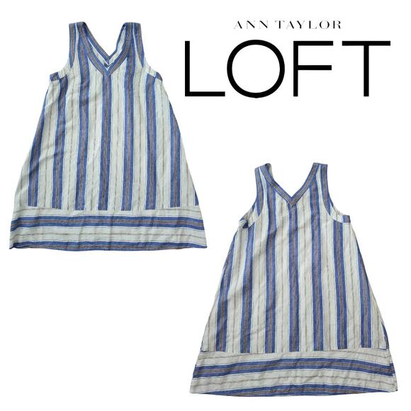 Loft Linen Blend Double V Dress Women's Small White Blue Stripe A Line - Picture 1 of 5